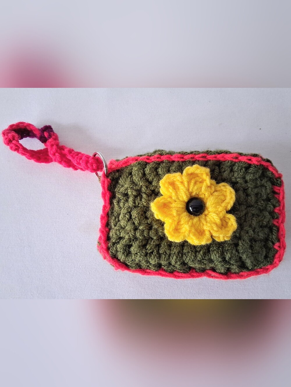 Vintage Green Crochet Keychain Pouch with Yellow Flower